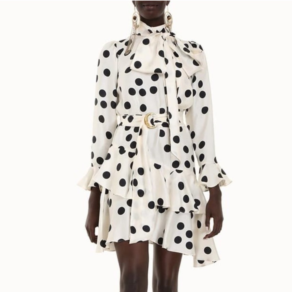 ZIMMERMANN Confetti Tie Neck Mini Dress in Cream / Black Confetti Polka Dots NWT